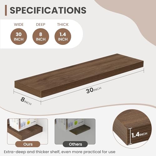 Acovy 30 Inch Floating Shelves, 8 Inch Deep Floating Shelves for Wall, Hanging Shelf with Invisible Brackets, Deep Shelves for Bathroom, Bedroom, Living Room, Walnut, Set of 2 - Image 3
