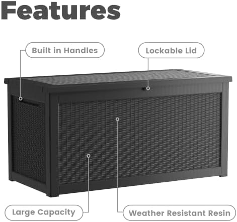 320 Gallon Outdoor Storage Box, Extra Large Waterproof Resin Deck Box with Lockable Lid Storage Bin for Patio Furniture Cushion, Garden Tools, Pool Accessories, UV-Resistant Outside, Black - Image 6