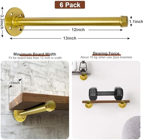 Pintuson 6 Pcs Industrial Pipe Clothes Bar 12 Inch - Wall Mount Clothing Rack - Face Out Closet Rods for Hanging Clothes Commercial Retail Boutique Laundry Shirt Display - Golden - Image 2