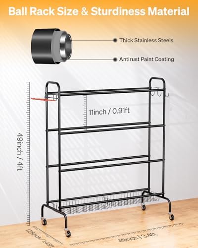 EXTCCT Basketball Rack with Wheels, 4 Tier Garage Ball Storage Organizer - Image 4