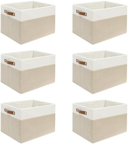 6 Pack Fabric Storage Baskets with Handles (White with Beige,15" L*10.2" W*9" H) by Unknown