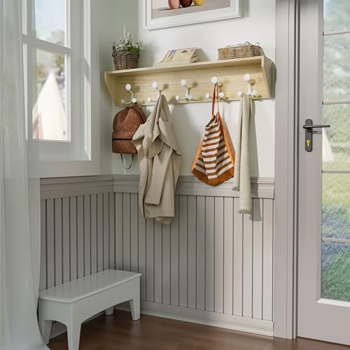 SKOLOO Wall Shelf with Hooks, 24-Inch Coat Rack Wall Mount with Shelf Organizer - Lightweight & Sturdy​​, 5 Tri Hooks - Perfect for Entryway, Hallway, Living Room, Bedroom, Mudroom, Natural & White - Image 6