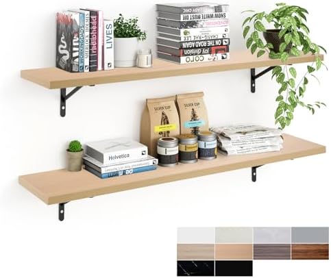 Kaboon 45 inch Long 10 inch Deep Floating Shelves for Wall Set of 2, Large Open Shelves Wall Mounted, Space Saving Home and Commercial Use, Light Walnut by Kaboon