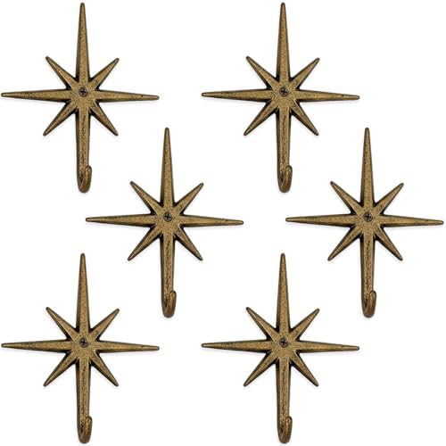 6 Pack Cast Iron Atomic Starburst Wall Hooks, Gold Mid Century Modern Coat and Towel Hooks for Entryway, Bathroom, Kitchen, Bedroom, Decorative Vintage Style Star Hooks by Nyuemystery