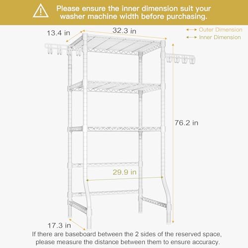 Ulif U8 Medium Laundry Room Storage Organizer, Over the Washer and Dryer Storage Shelves for Laundry Organization, 32.3”W x 17.3”D x 76.2”H, Suit Washing Machine Width within 29.9”, Hold 304 lb, White - Image 3