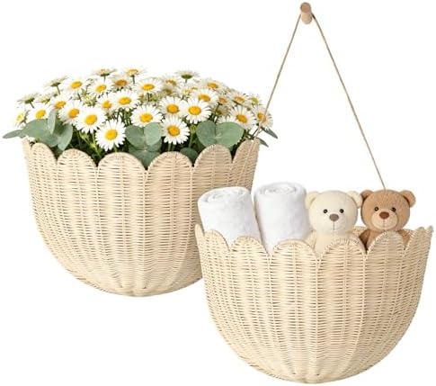 Natural Handwoven Scalloped Wall Basket Set of 2, Premium Rattan Wicker Wall Hanging Organizer for Boho Home Decor, Decorative Wall Storage for Bathroom, Entryway, Living Room & Craft Room by Unknown