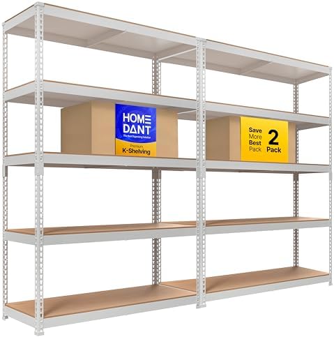 HOMEDANT 47.7" W 5 Tier Heavy Duty Garage Shelving Adjustable Metal Rack Storage Shelves Standing Shelf Unit Organizers Industrial Warehouse Basement White 2Pack by TheBestOrganizingSolution