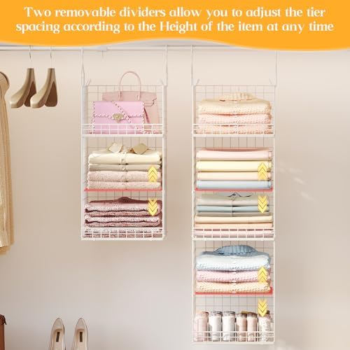 Yuyetuyo ﻿5 Tier Hanging Closet Organizer Separable Hanging Closet Shelves with 4 Hooks 2 Adjustable Dividers, Wire Storage Basket Bins for Clothing Sweaters Socks Dolls Handbags, Foldable - Image 4