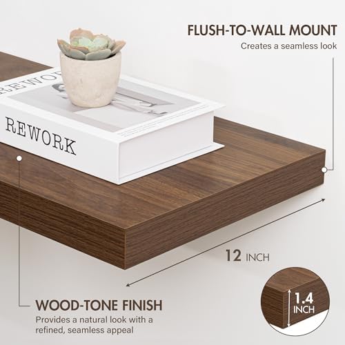 Acovy 12 Inch Floating Shelves, 12" Deep Floating Shelf Wall Mounted, 12" Wall Shelves, Rustic Deep Bookshelf, Extra Deeper Display Shelves & Storage Shelves for Bedroom, Living Room, Set of 3 - Image 3