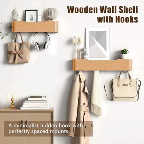 Coat Rack Wall Mount with Hidden Hooks, Wall Hooks with Shelf, Wall Key Holder Mount Wooden Shelf Entryway Hooks for Bedroom Bathroom for Hanging Coats Hats Bags Towels (Oak, 5 Hooks) - Image 7