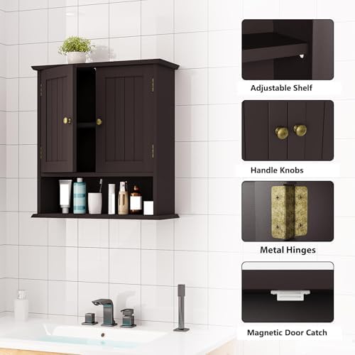 Bathroom Wall Cabinet, Over the Toilet Storage Cabinet with 2 Doors and Adjustable Shelf, Wooden Medicine Cabinet Wall Mounted, Room Space Saver for Bathroom Kitchen - Image 5
