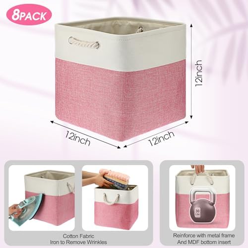 meekoo 8 Pack Fabric Storage Bins Baskets, 12 x 12 x 12 in, Pink White - Image 3