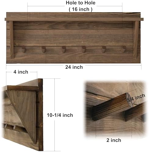 WEBI Coat Rack Wall Mount with Shelf,24" Long Entryway Wall Shelf with Hooks Underneath,6 Peg Hooks for Hanging Coats,Caps,Jacket,Clothes,Brown - Image 3