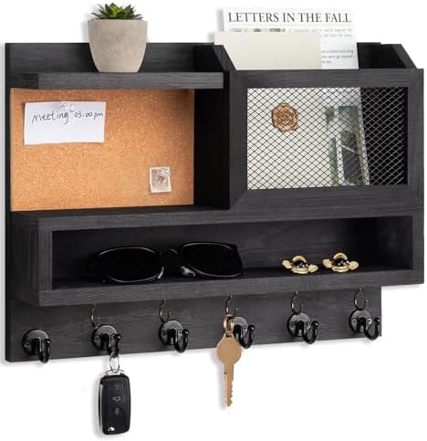 Key Holder for Wall with Mail Organizer,Farmhouse Mail and Key Holder for Wall,Key Hanger with ‌Metal 11 Hooks,Corkboard,and Shelf,Decorative Natural Pine Wood Entryway Organizer,14.6*11.1*3.3”,Black by FIPUTE-MakesLifeEasier