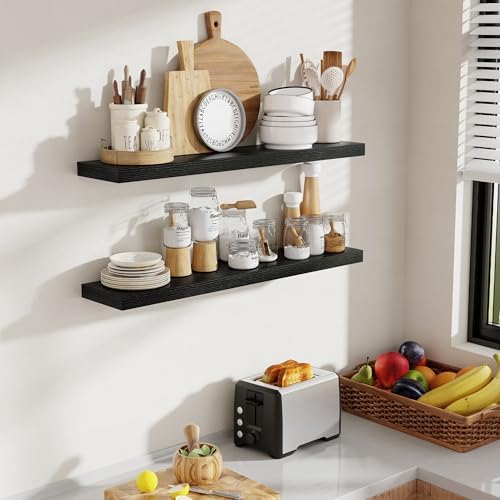 Acovy 36 Inch Floating Shelves, 8 Inch Deep Floating Shelves for Wall, Hanging Shelf with Invisible Brackets, Deep Shelves for Bathroom, Bedroom, Living Room, Black, Set of 2 - Image 2