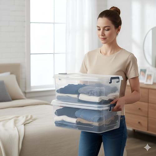 Tribello Clear Storage Bins with Lids, 12-Pack Stackable Plastic Storage Containers for Home Organization – Totes for Closet and Underbed Storage, 16 Quarts - Image 4