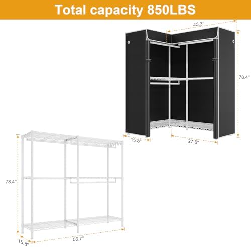 ULIFHOME E15C Garment Rack L Shaped Clothes Rack for Corner，Freestanding Clothing Racks for Hanging Clothes，Heavy Duty Closet Organizer 43.4"W x 15.8"D x 78.4"H，White Rack with Black Dustproof Cover - Image 3
