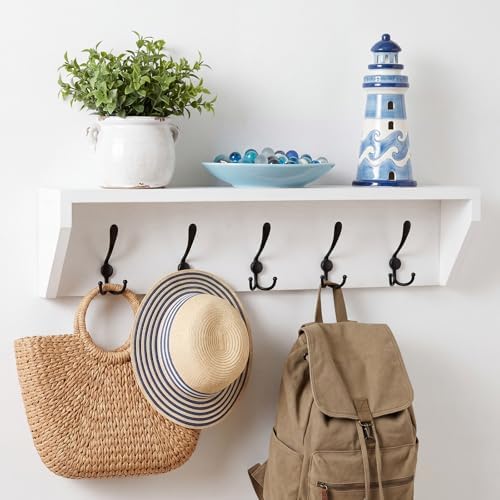 Geelin 35 Inch Wall Shelf with Hooks and Shelf Organizer Wall Mount Coat Rack with 5 Triple Hooks for Hanging for Entryway, Hallway, Bathroom, Living Room, Bedroom, White by Geelin