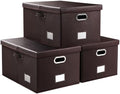 PRANDOM Collapsible Storage Box with Lid [3-Pack] Leather Fabric Foldable Storage Bin Organizer Container Basket Cube with Cover for Home Bedroom Closet Office Nursery Brown(22.8X15.7X11.8) by Prandom