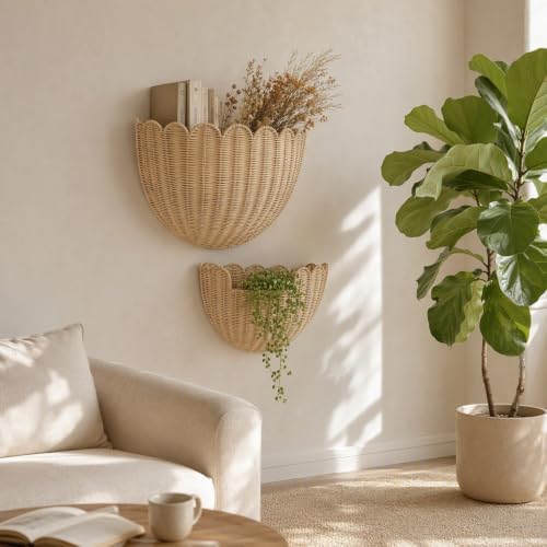 Scalloped Wall Basket Set of 2,Boho Hanging Wicker Wall Baskets - Image 5