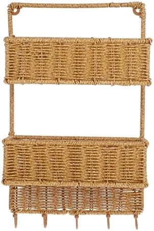 Cabilock Wall-Mounted Storage Rack 2-Tier Woven Basket Hanging Organizer with 5 Hooks for Kitchen Bathroom Entryway Fruit Vegetable Storage 16.73X10.03X5.11 Inches by cabilock