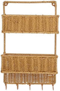 Cabilock Wall-Mounted Storage Rack 2-Tier Woven Basket Hanging Organizer with 5 Hooks for Kitchen Bathroom Entryway Fruit Vegetable Storage 16.73X10.03X5.11 Inches by cabilock