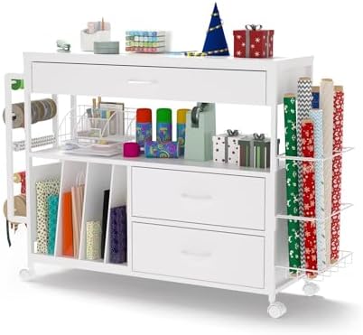 Wrapping Paper Storage & Organizer, Craft Cart with Ribbon & Gift Bag Storage, Wrapping Paper Organizer Holder(3 Wooden Drawers-White) by Anrigeail