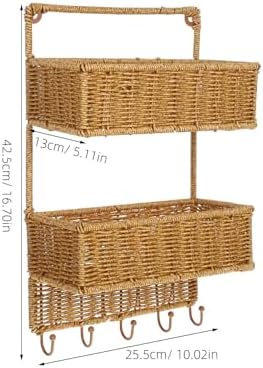 Cabilock Wall-Mounted Storage Rack 2-Tier Woven Basket Hanging Organizer with 5 Hooks for Kitchen Bathroom Entryway Fruit Vegetable Storage 16.73X10.03X5.11 Inches - Image 4