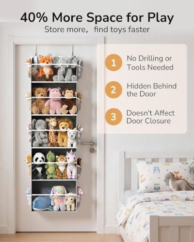 ULG Stuffed Animal Organizer Over the Door, Large Hanging Plush Toy Storage with Mesh Window, Cotton Kids Toy Organizer for Bedroom, Nursery, Playroom & Baby Items Dark Grey - Image 5