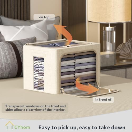 CYhom Extra Large Clothes Storage Bins - Linen Fabric Foldable Stackable Container Organizer Set with Clear Window & Carry Handles & Metal Frame - 2Pack Large Capacity for Bedding, Blankets, Books - Image 2