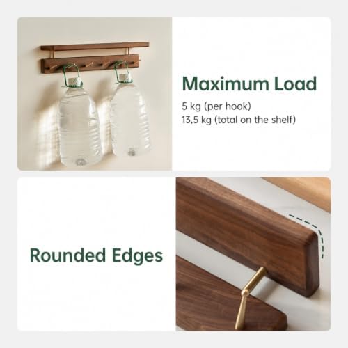Walnut Wall Hooks with Shelf, Coat Rack Wall Mount, Entryway Hanging Shelf with 6 Brass Hooks for Hats, Clothes, Towels, Bags, Black Walnut Wood, Walnut - Image 3
