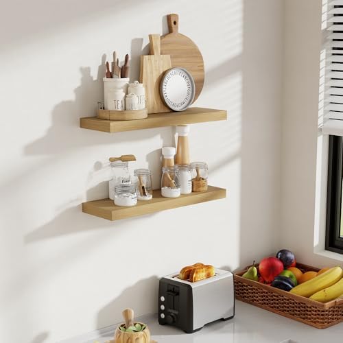 Acovy 24 Inch Floating Shelves, 8 Inch Deep Floating Shelves for Wall, Hanging Shelf with Invisible Brackets, Deep Shelves for Bathroom, Bedroom, Living Room, Oak, Set of 2 - Image 2