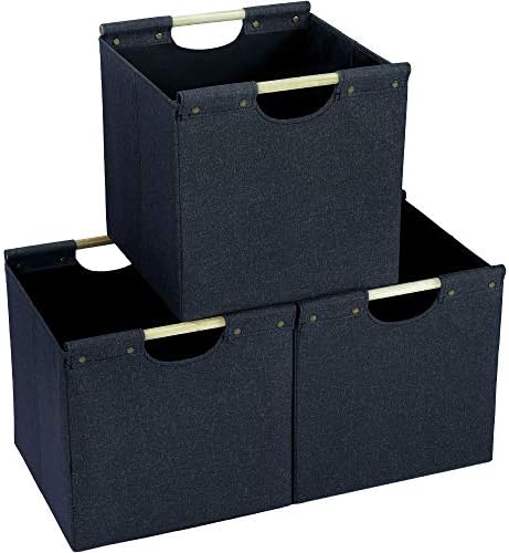 HOONEX Collapsible Storage Bins, 13x13x13in Storage Cubes Linen Fabric, 3 Pack, Storage Baskets with Wooden Carry Handles and Sturdy Heavy Cardboard, for Home, Office, Car, Nursery, Dark Grey by HOONEX