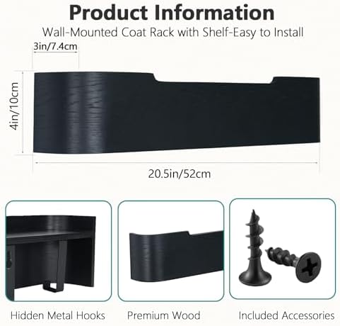 Coat Rack Wall Mount with Shelf 5 Hidden Hooks Modern Wooden Key Holder Entryway Organizer for Hallway Bedroom Bathroom Home Decor Storage for Hanging Coats Hats Bags Towels, Black - Image 3