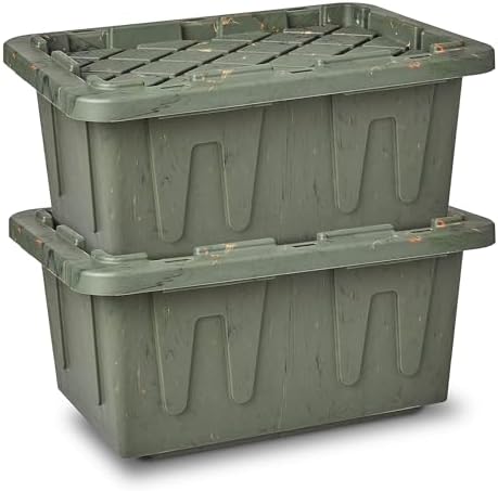 HOMZ 2-Pack Durabilt Tote, Heavy Duty Plastic Storage Bins with Lids, 15 Gallon, Green Camo - Stackable Organizing Containers for Home, Garage, and Office by Homz