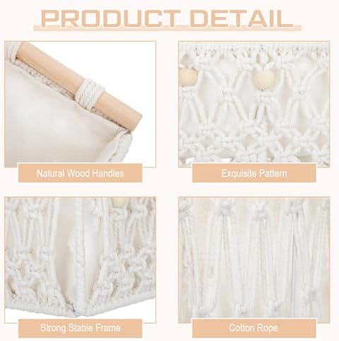 Vesici 4 Pcs Boho Macrame Baskets Shelves 13" 11" White Wood Handles - Image 3