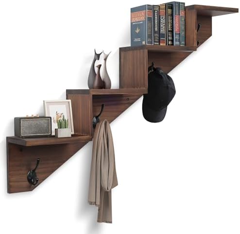 Hookmous Coat Rack Wall Mount with Shelf, Brown Wall Shelf with Hooks, Sturdy​​ Wooden Rise Staircase Shelves, Space-Saving Decorative Organizer for Entryway, Mudroom, Hallway, Living Room, Bedroom - Image 4
