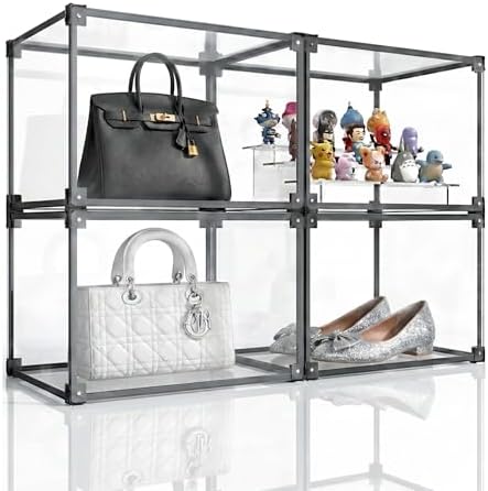 Clear Acrylic Purse Organizer with Aluminum Alloy Frame, Handbag Display Case with Magnetic Door, Stackable Closet Storage Boxes for Purses, Books, Cosmetics & Collectibles (4Pack) by Unknown
