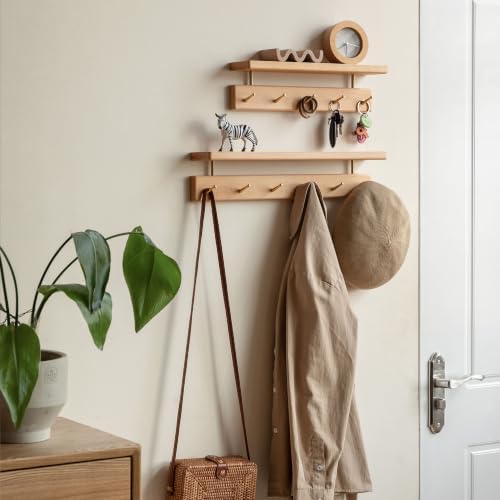 Solid Wood Wall Hooks with Shelf, Coat Rack Wall Mount, Entryway Hanging Shelf with 6 Brass Hooks for Hats, Clothes, Towels, Bags, Beech Wood, Natural - Image 6