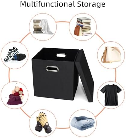 Storage Bins with Lids, Linen Fabric Boxes Organizer Containers with Lid Foldable Storage Box Basket for Closet, Shelves, Home, Office,12 x 12 x 12 Inch, 4 Pack, Black, AG3006-7 - Image 5