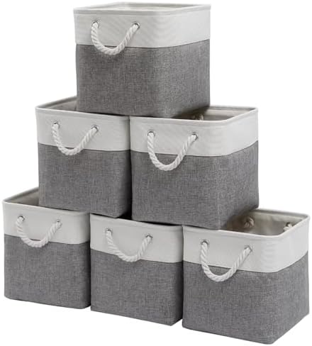 Fabric Storage Cubes 13 x 13, Collapsible Storage Bins for Shelf Baskets, Cube Storage Organizer White Gray Bins with Cotton Handles, Foldable Storage Bin box, Cube Storage Bin 6 Pack by BOFUGA