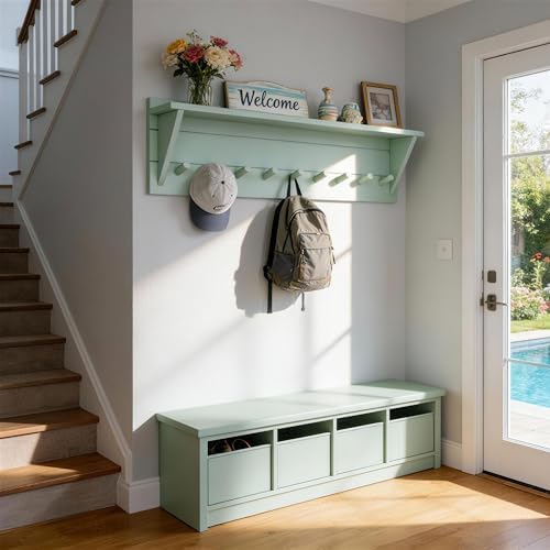 WEBI Coat Rack Wall Mount with Shelf,36" Long Entryway Wall Shelf with Hooks Underneath,9 Peg Hooks for Hanging Coats,Caps,Jacket,Clothes,Light Green - Image 2