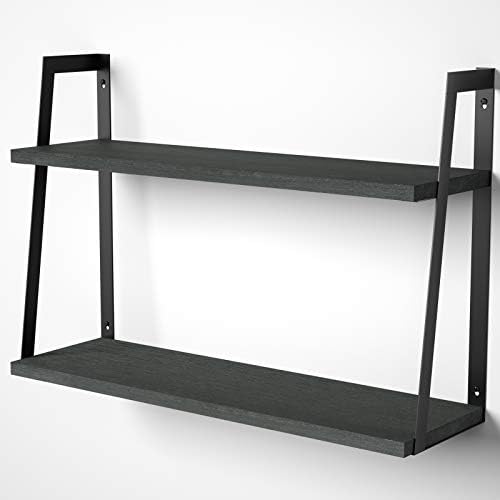 SRIWATANA Black 2-Tier Floating Wall Shelves, Rustic Wood Storage Shelf Set by SRIWATANA