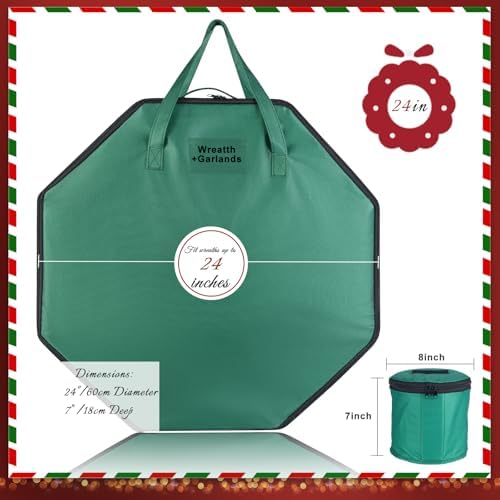 BrilliantJo 2 Pack Wreath Storage Christmas Garlands Bag with Interior Pockets Large Xmas Container Box for holiday Decorations Case with Dual Zipper and Handles Window Labeling Card Slot 24" Green - Image 7