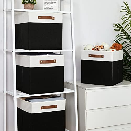 Temary Fabric Storage Bin 4 Pack Cube Storage Bin for Shelf Fabric Cube Storage Basket 13 Inch Cube Storage Bins Foldable Storage Cubes with Leather Handles(White&Black) - Image 6