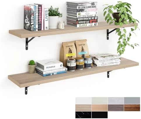 Kaboon 45 inch Long 10 inch Deep Floating Shelves for Wall Set of 2, Large Open Shelves Wall Mounted, Space Saving Home and Commercial Use,Oak/Grey Tone by Kaboon