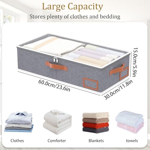 Yawinhe Pack of 2 Underbed Storage Bags, Foldable Clothes Storage with Clear Window, for Duvets, Clothes, 60 x 30 x 15 cm, Grey - Image 4