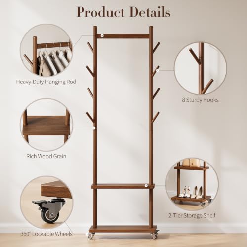 Yoobure Solid Wood Coat Rack Freestanding - Rolling Clothes Rack with 8 Hooks & Shelves, Small Clothing Rack with Wheels, Heavy Duty Clothing Racks for Hanging Clothes, Portable Hall Tree for Entryway - Image 5
