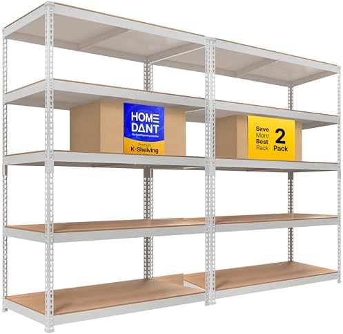 HOMEDANT 47.7" W Deep 5 Tier Heavy Duty Garage Shelving Adjustable Metal Rack Storage Shelves Standing Shelf Unit Organizers Industrial Warehouse Basement White 2Pack by TheBestOrganizingSolution