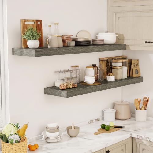Acovy 55 Inch Floating Shelves, 12" Deep Floating Shelf Wall Mounted, 55" Wall Shelves, Rustic Deep Bookshelf, Extra Deeper & Thicker Display Shelves for Bedroom, Living Room, Set of 2 - Image 2